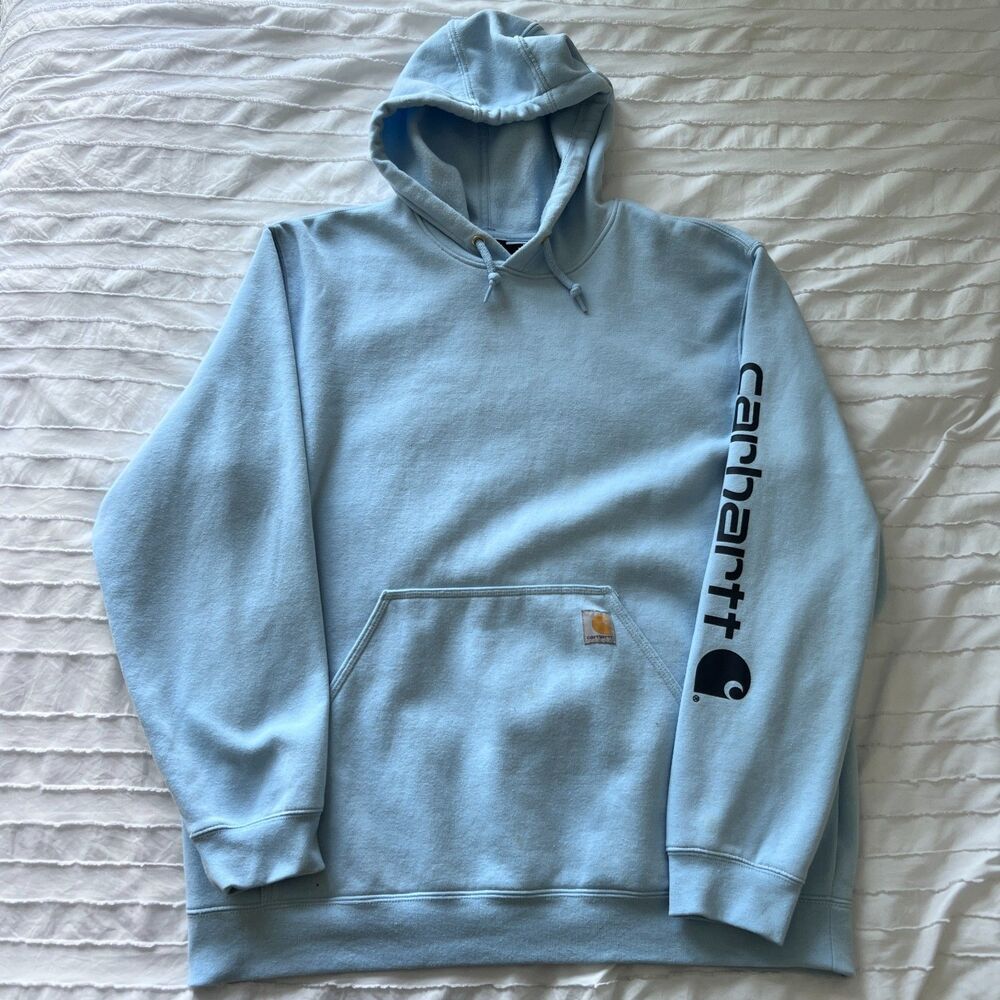 Carhartt Pullover Hoodie Mens XL Baby Blue Loose Fit Workwear Midweight Spellout